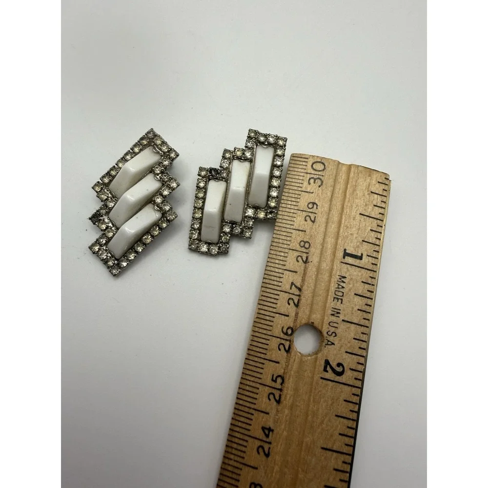 Vintage Milk Glass and Rhinestone Clip on Earrings Art Deco‎ Statement Jewelry